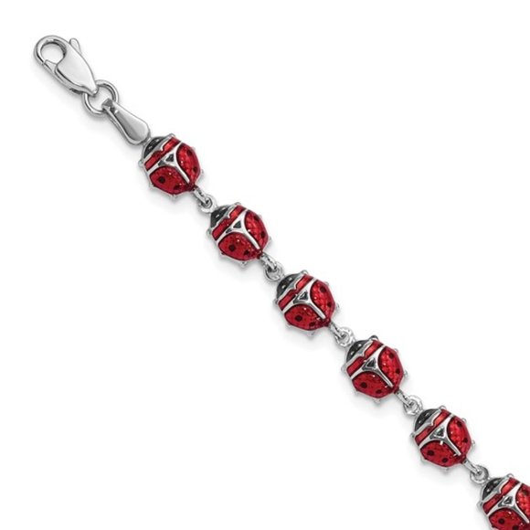 Sterling Silver Ladybug red enamel bracelet, 7" - Picture 1 of 2